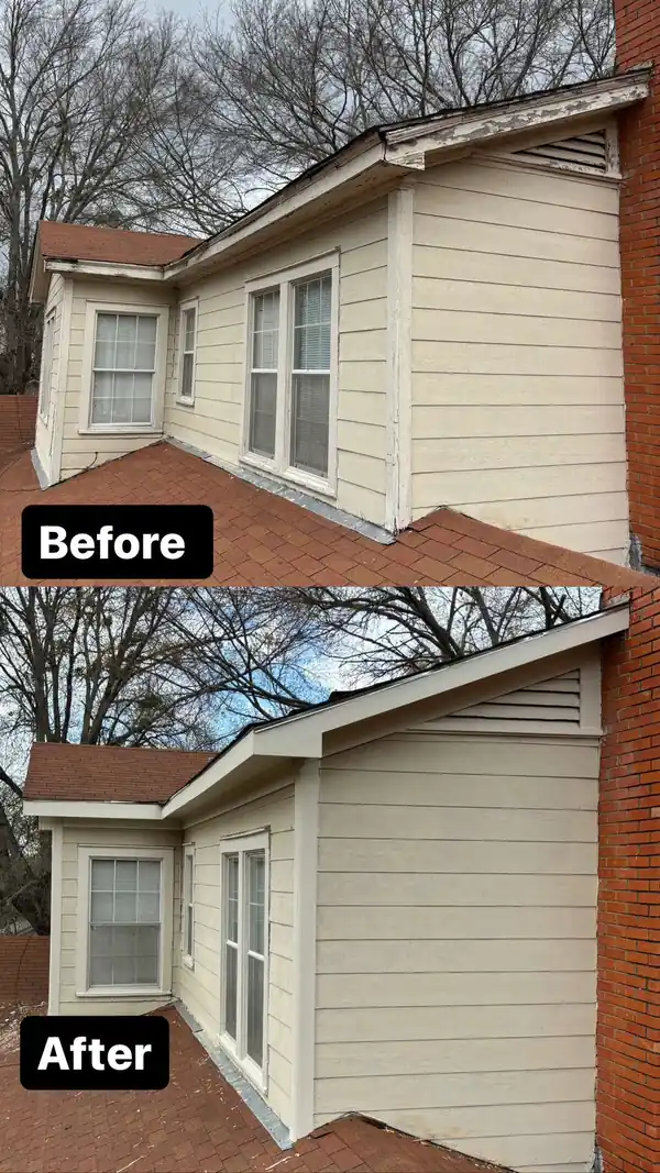 Before and after of a two-storey cream lap-siding wall
